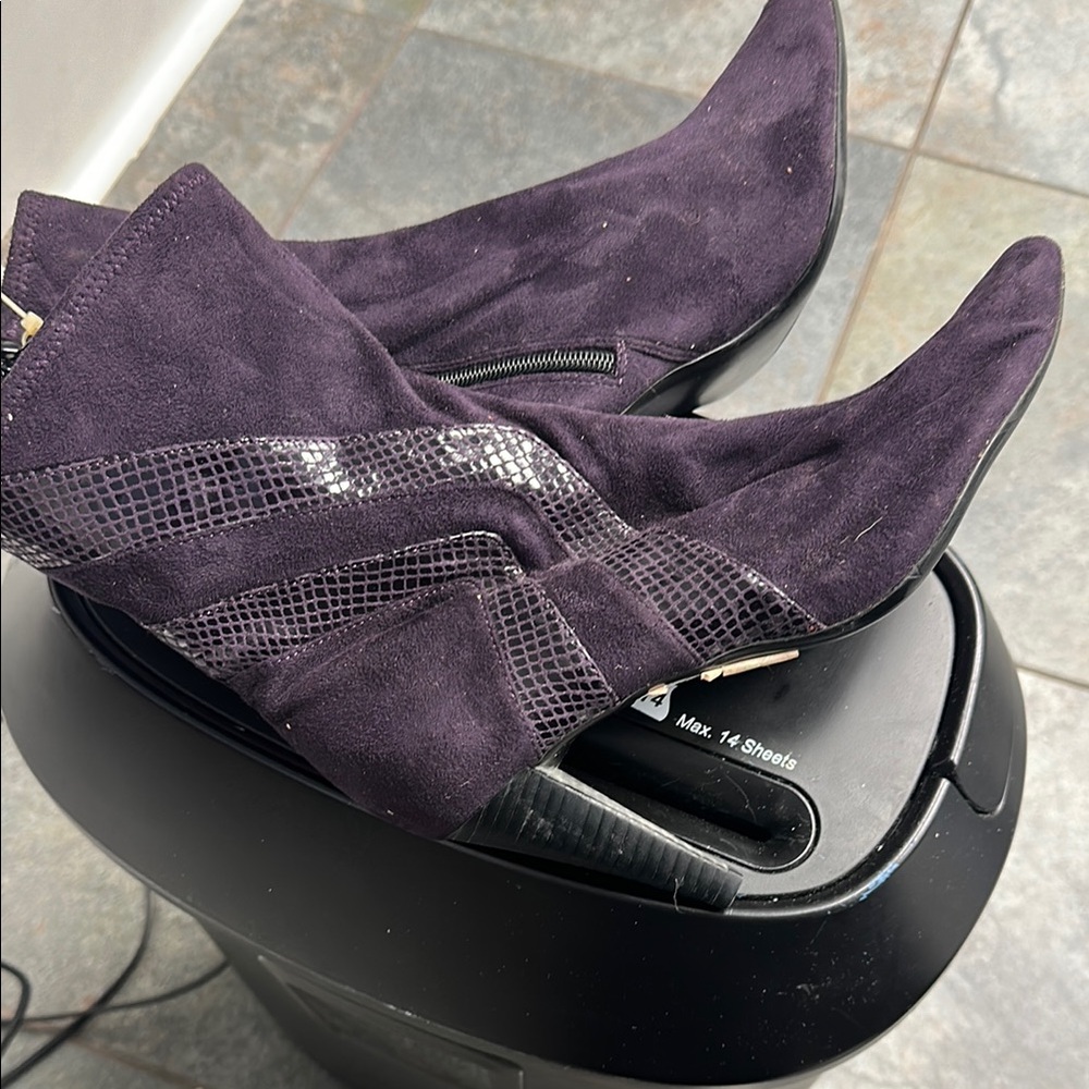 Purple Suede Heeled Boots with Snakeskin Detail